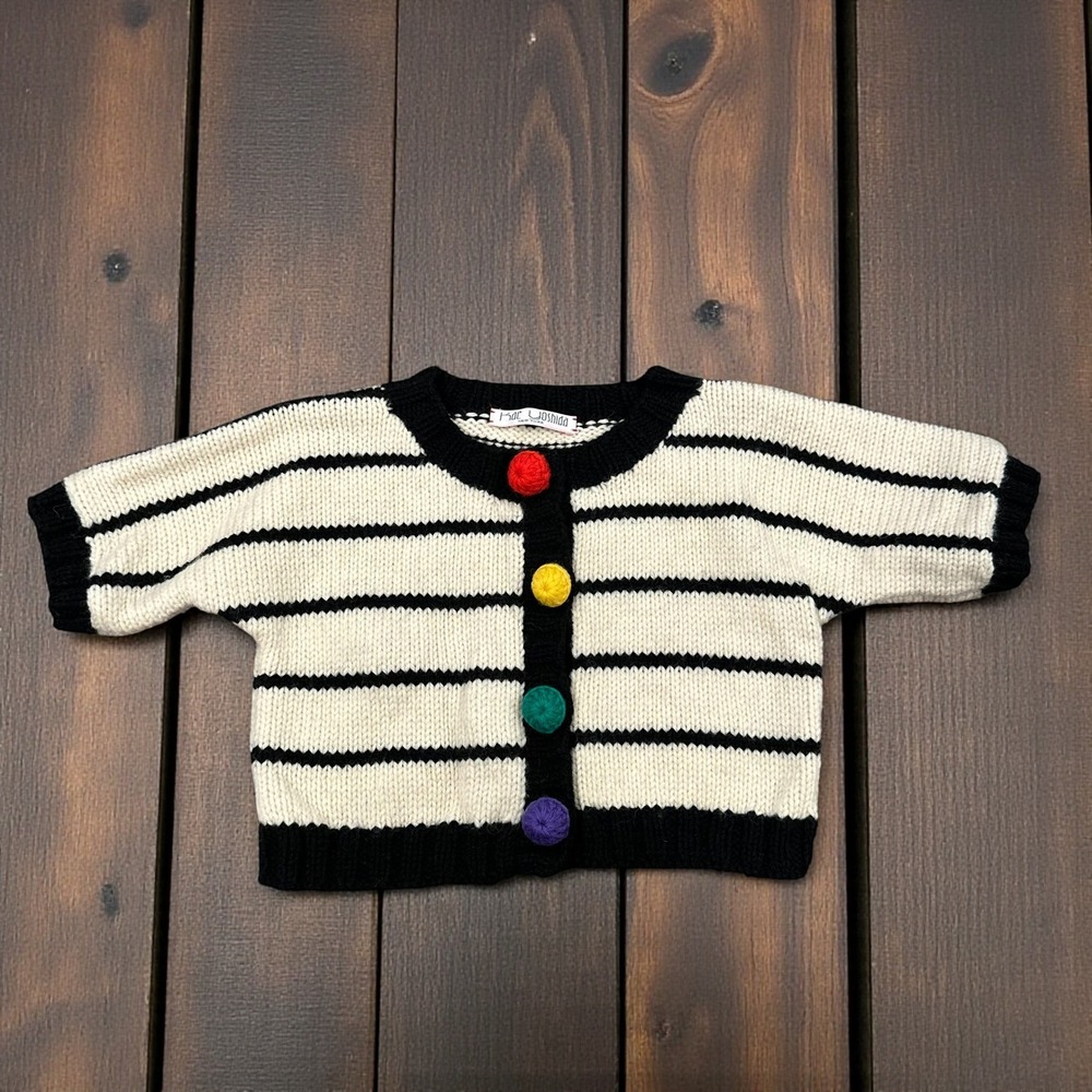 Vtg Kae‎ Yoshida New York Baby Knit Cardigan Striped Pom Buttons 12–18M Novelty